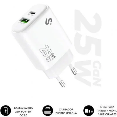 Subblim Cargador GaN 25W con Doble Puerto USB-C y USB-A Blanco